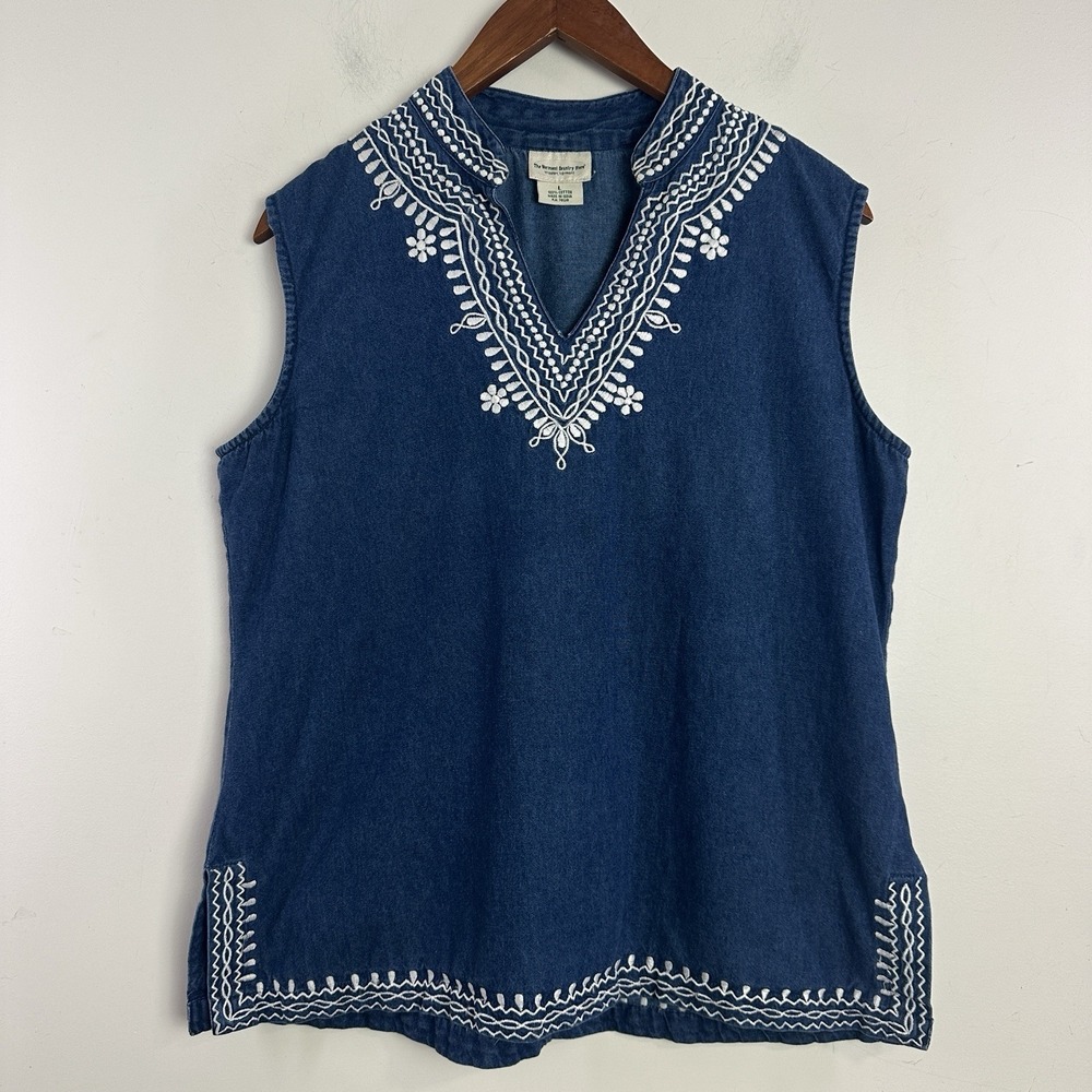 Vermont Country Store‎ Blue Embroidered Denim Top Sleeveless Size Large Cottage